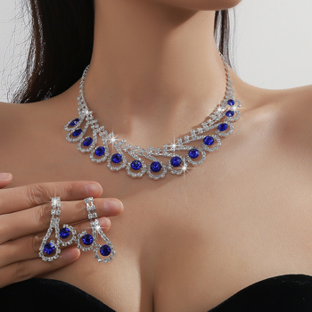 Dva dijela seta: ogrlica i naušnice s rhinestones u plavoj, zelenoj i crvenoj boji – raskošan svadbeni i večernji nakit