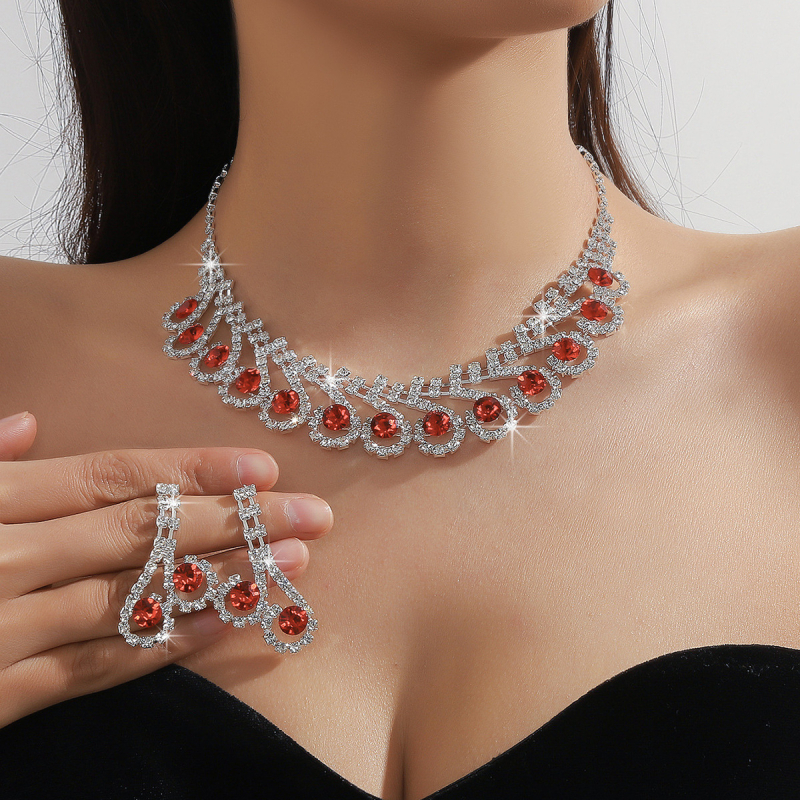 Dva dijela seta: ogrlica i naušnice s rhinestones u plavoj, zelenoj i crvenoj boji – raskošan svadbeni i večernji nakit