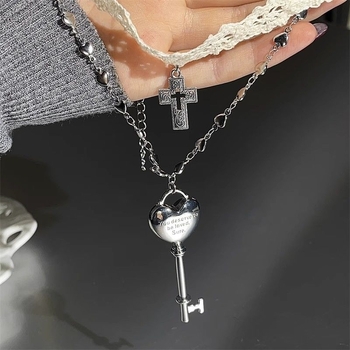 Bijeli čipkasti choker s križnim remenom, privjesak srce‑ključ, ženski modni nakit