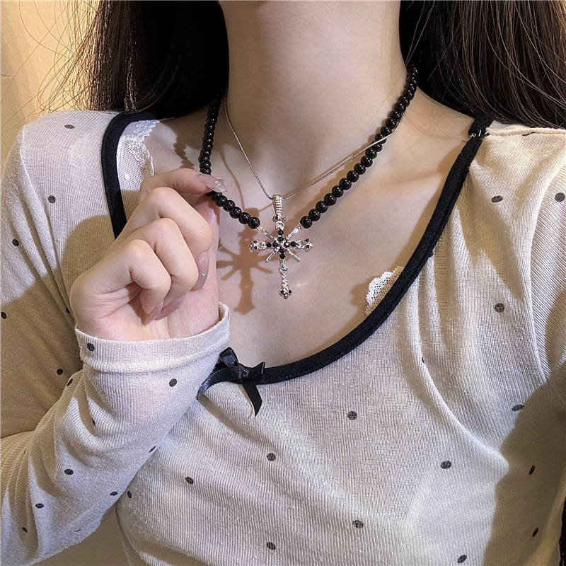 Crni kožni nakit s perlicama u gotičkom stilu za žene, choker