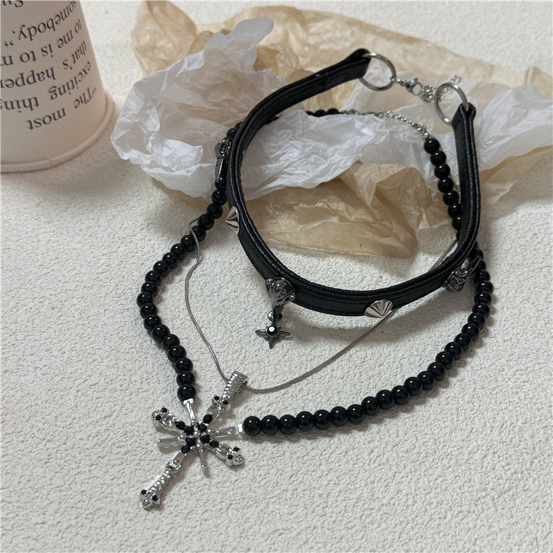Crni kožni nakit s perlicama u gotičkom stilu za žene, choker