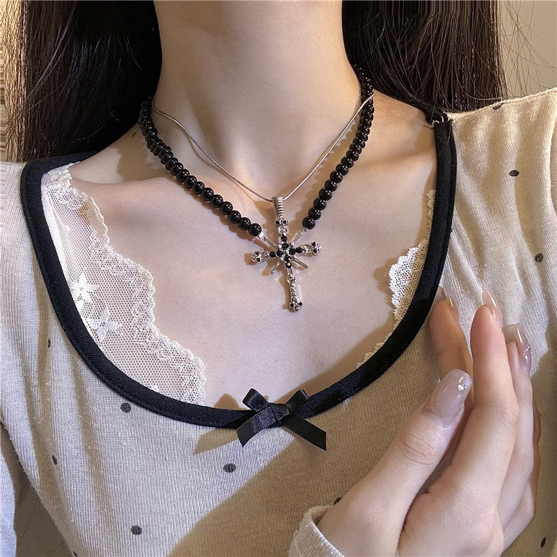 Crni kožni nakit s perlicama u gotičkom stilu za žene, choker