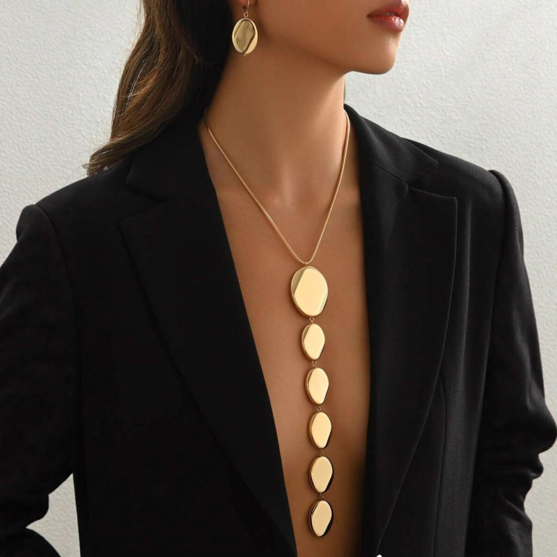 Geometrijski dugački set privjeska i naušnica, vintage stil, Y-oblik lančić, legura s zlatnim premazom, motivi: križ, kruna, romanske brojke