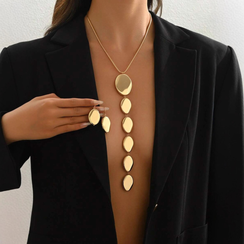Geometrijski dugački set privjeska i naušnica, vintage stil, Y-oblik lančić, legura s zlatnim premazom, motivi: križ, kruna, romanske brojke