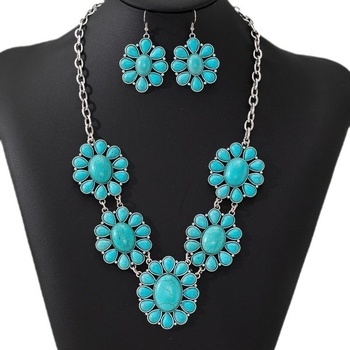Set nakita: naušnice i ogrlica s turkiznim cvjetovima, boemski etnički stil, retro