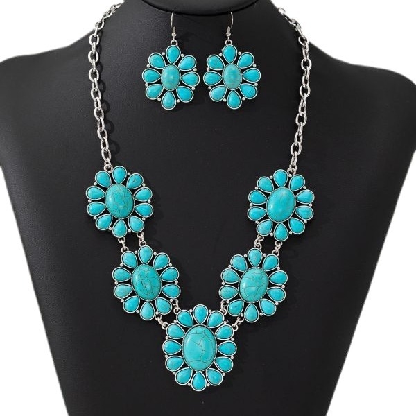 Set nakita: naušnice i ogrlica s turkiznim cvjetovima, boemski etnički stil, retro