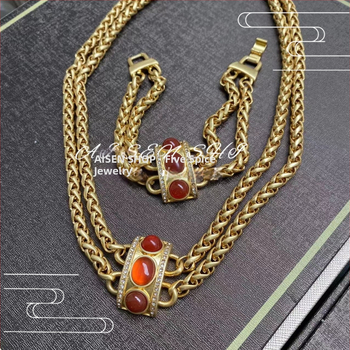 Set ogrlice i narukvice s dvostrukom lancem, retro stil, s ugrađenim kamenjem