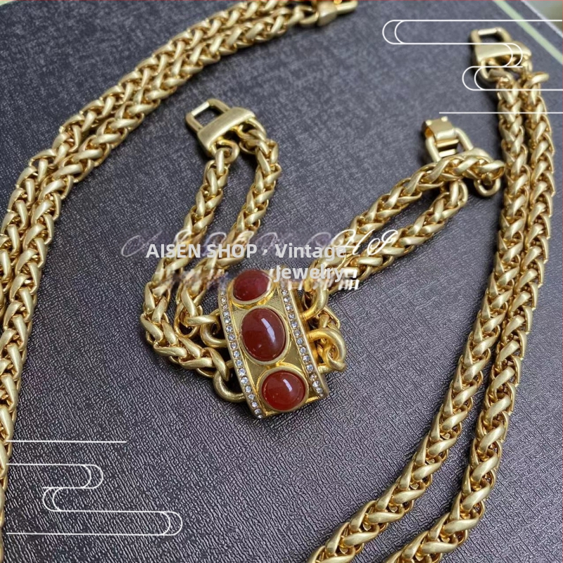 Set ogrlice i narukvice s dvostrukom lancem, retro stil, s ugrađenim kamenjem