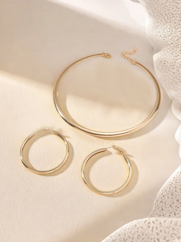 Ženski set metalnih nakita: minimalistički boemski stil, okrugla ogrlica i naušnice