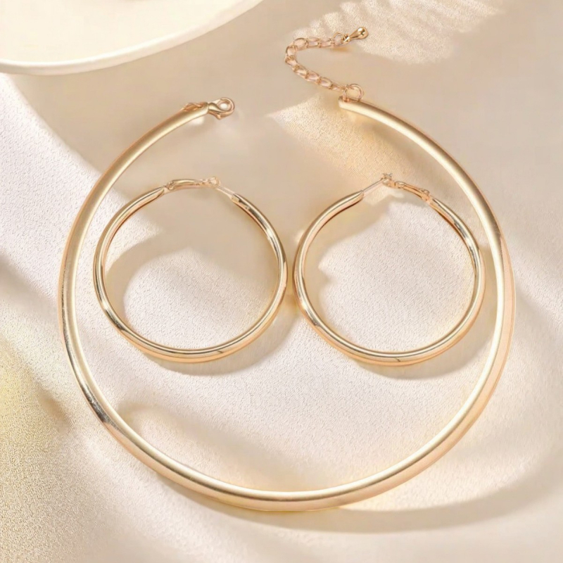 Ženski set metalnih nakita: minimalistički boemski stil, okrugla ogrlica i naušnice