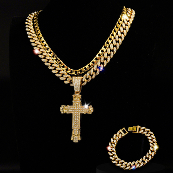 Trodijelni set: ogrlica s križem i kubanskim lancem te narukvica – unisex, hip-hop stil