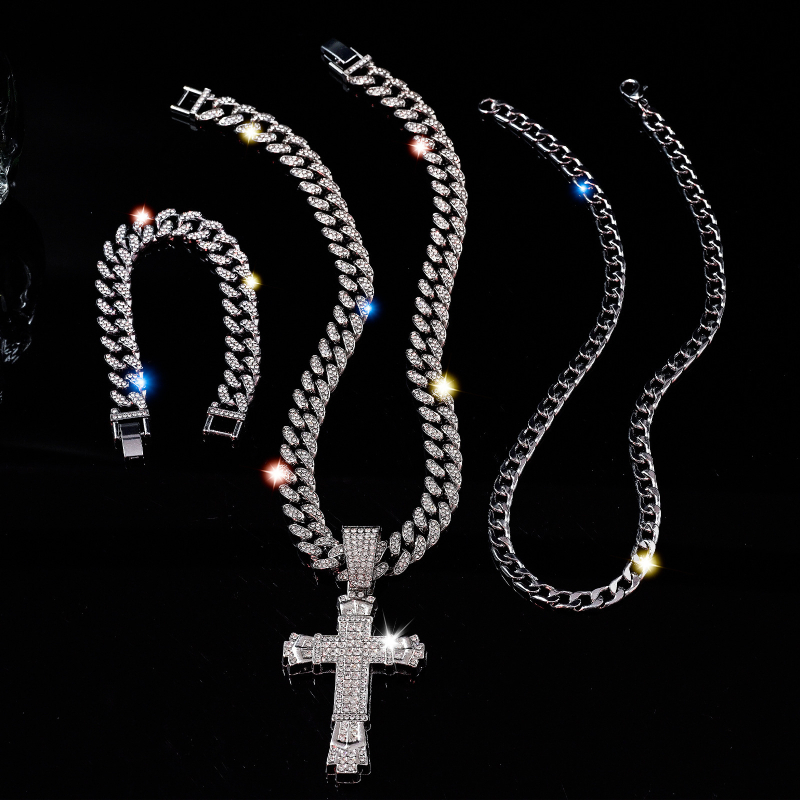 Trodijelni set: ogrlica s križem i kubanskim lancem te narukvica – unisex, hip-hop stil