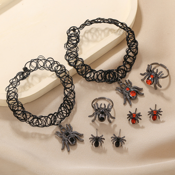 Ženski Halloween set nakita u gothičkom stilu od metalne legure: naušnice, ogrlica i prstenje