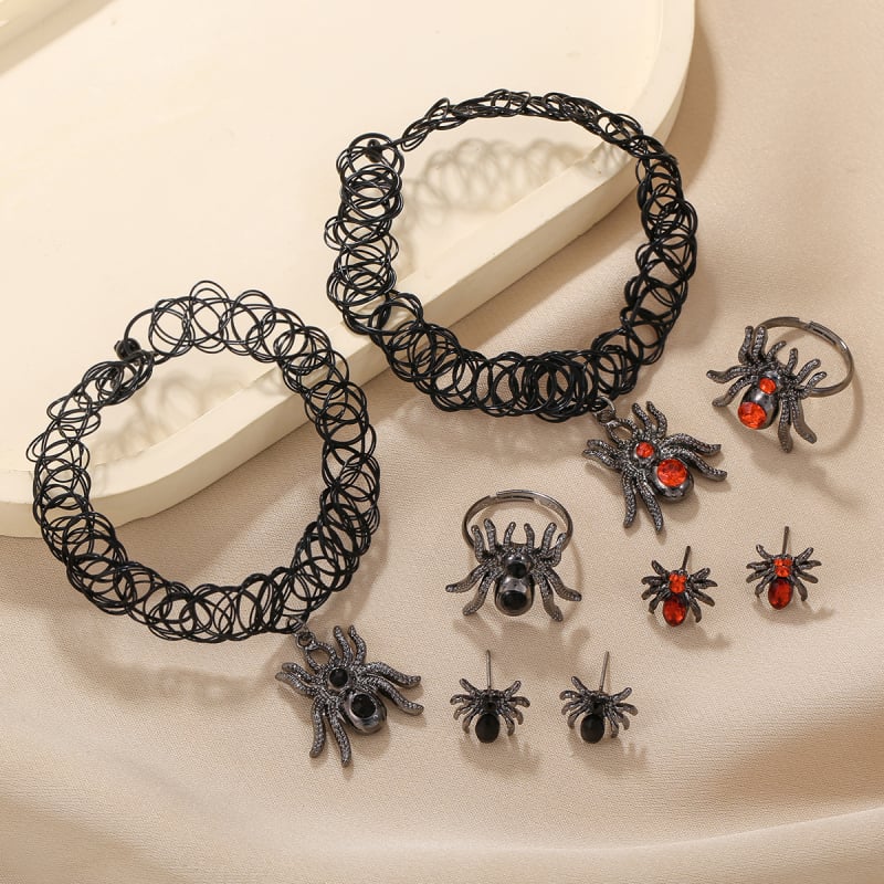 Ženski Halloween set nakita u gothičkom stilu od metalne legure: naušnice, ogrlica i prstenje