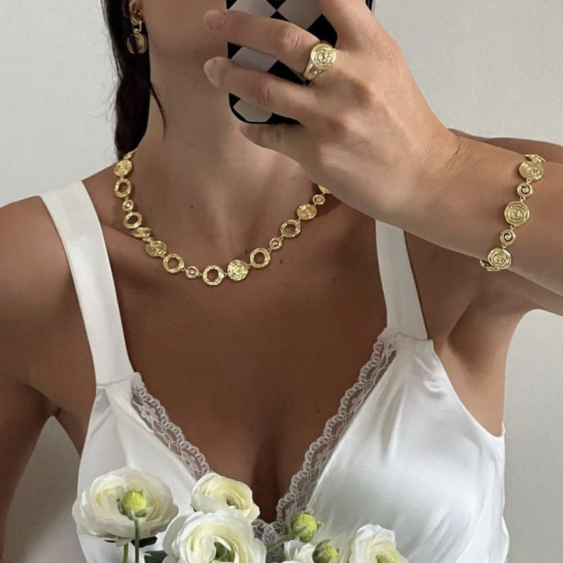 Dazan set: ogrlica i narukvica od titan čelika s 18K pozlaćenjem, kružno kapkovitog dizajna, debeli lanac, duljina ogrlice 38+5 cm, duljina narukvice 18+5 cm, širina lanca 1,5 cm, vintage stil za žene.