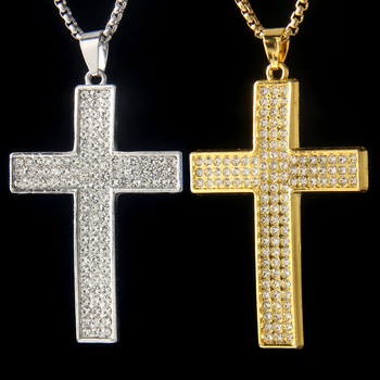 Muški ogrlica od nehrđajućeg čelika sa zakrivljenim križem i punim kristalima, minimalistički hip-hop stil, religiozni lanac