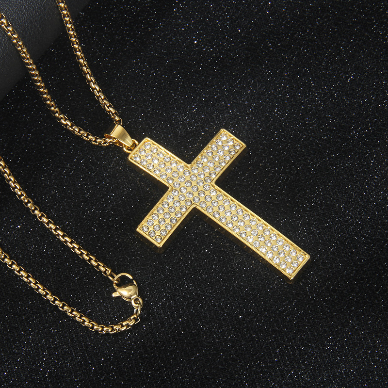 Muški ogrlica od nehrđajućeg čelika sa zakrivljenim križem i punim kristalima, minimalistički hip-hop stil, religiozni lanac