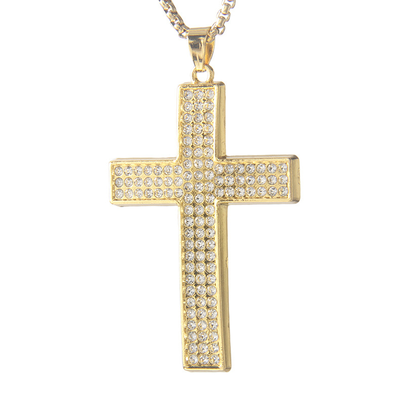 Muški ogrlica od nehrđajućeg čelika sa zakrivljenim križem i punim kristalima, minimalistički hip-hop stil, religiozni lanac