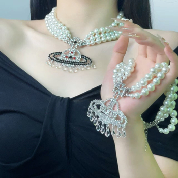 Lagano luksuzna višeslojna ogrlica od imitacijskih perli sa šarenim kristalima u obliku Saturna, elegantan retro nakit za žene