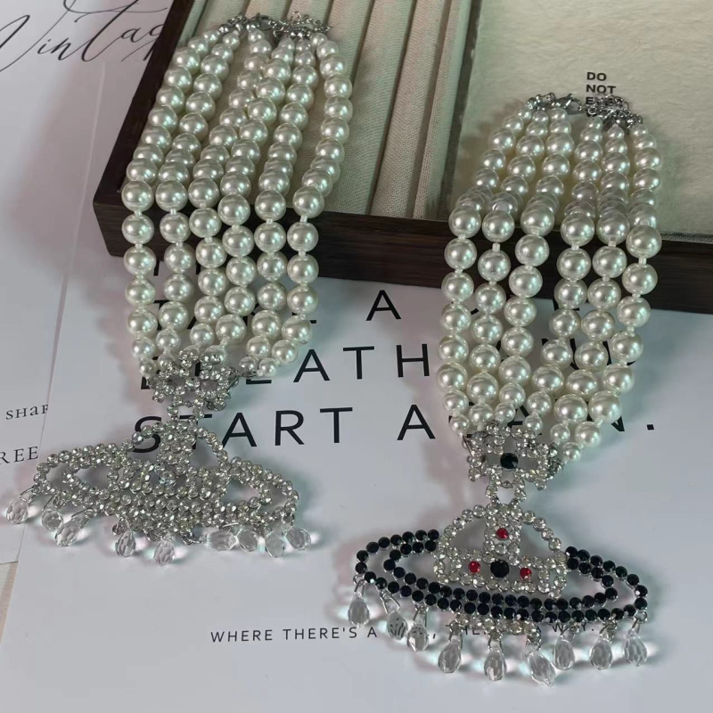 Lagano luksuzna višeslojna ogrlica od imitacijskih perli sa šarenim kristalima u obliku Saturna, elegantan retro nakit za žene