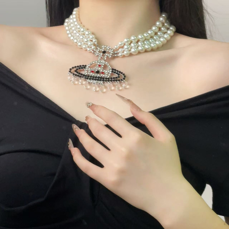 Lagano luksuzna višeslojna ogrlica od imitacijskih perli sa šarenim kristalima u obliku Saturna, elegantan retro nakit za žene