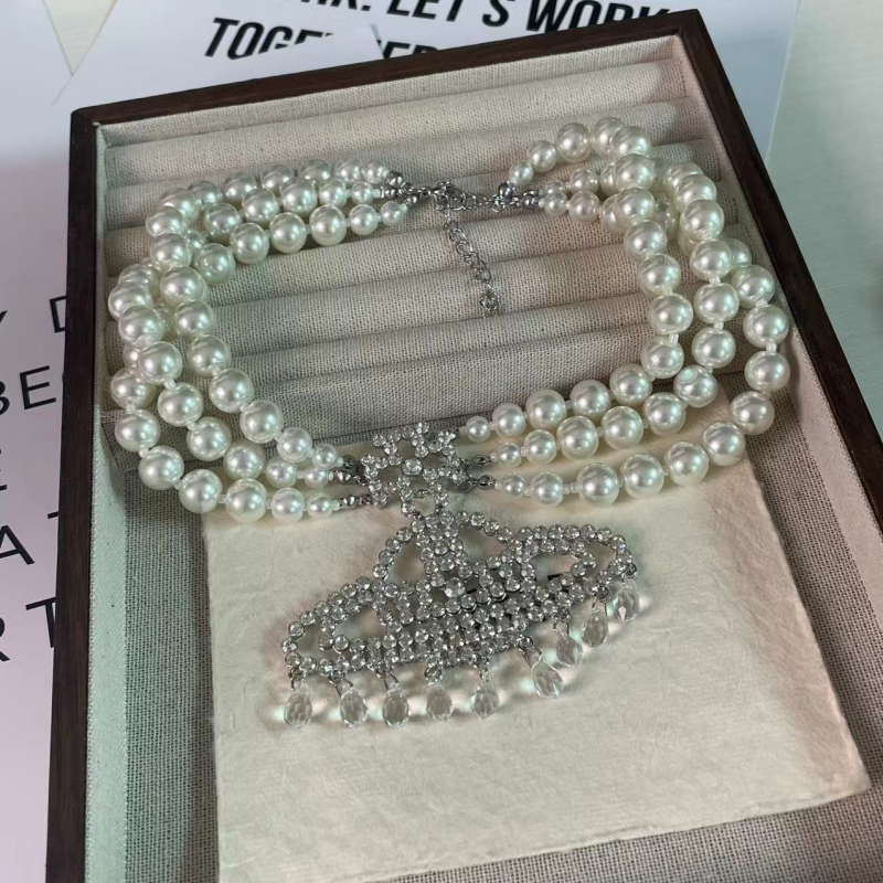 Lagano luksuzna višeslojna ogrlica od imitacijskih perli sa šarenim kristalima u obliku Saturna, elegantan retro nakit za žene