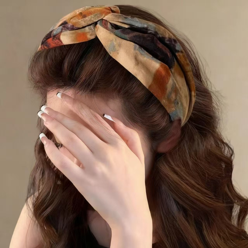 Nova tiskana elastična traka za kosu s dizajnom tie-dye, retro ulje na platnu, visoka kruna, križni uzorak, široka verzija, luksuzan dojam, za žene, elegantan styling kose