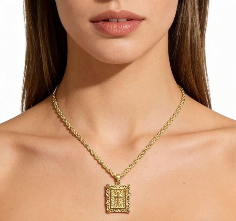 Ogrlica s križem od bakra, imitacija 18K zlata, kvadratni uzorak križa, privjesak, vijčani lanac, unisex, duljina 41–50 cm