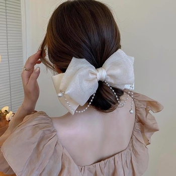Elegantna štipaljka za kosu s perlom i velikom mašnicom, opruga, japansko-korejski stil, srebrna boja
