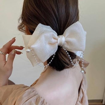 Elegantna štipaljka za kosu s perlom i velikom mašnicom, opruga, japansko-korejski stil, srebrna boja