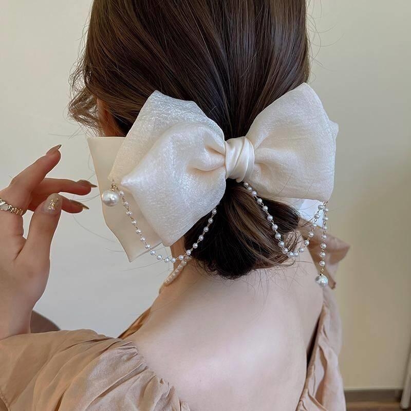 Elegantna štipaljka za kosu s perlom i velikom mašnicom, opruga, japansko-korejski stil, srebrna boja