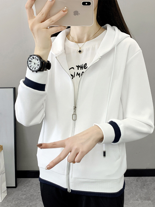 Ženska kapuljačasta kardigan-sweatshirt jakna, kratka duljina, proljeće i jesen, bijela, casual sportska odjeća