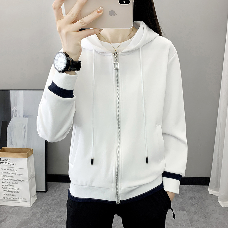 Ženska kapuljačasta kardigan-sweatshirt jakna, kratka duljina, proljeće i jesen, bijela, casual sportska odjeća