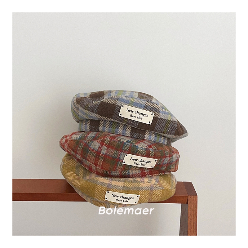 Beret u japanskom stilu s retro kariranim uzorkom za djecu, s izvezenim slovom, unisex zimska kapa
