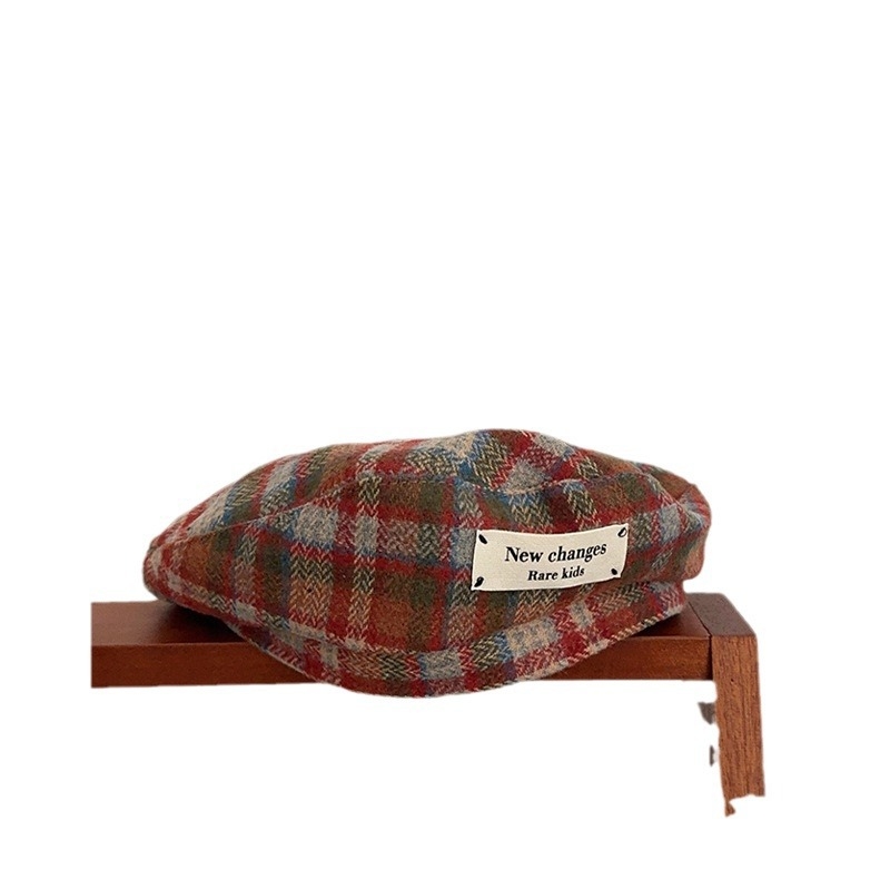 Beret u japanskom stilu s retro kariranim uzorkom za djecu, s izvezenim slovom, unisex zimska kapa