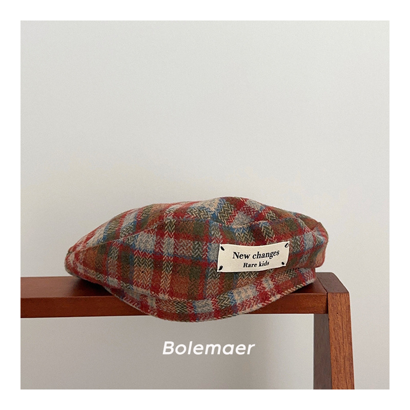 Beret u japanskom stilu s retro kariranim uzorkom za djecu, s izvezenim slovom, unisex zimska kapa