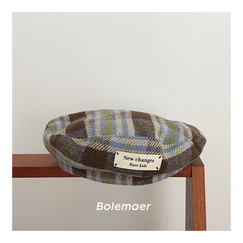 Beret u japanskom stilu s retro kariranim uzorkom za djecu, s izvezenim slovom, unisex zimska kapa