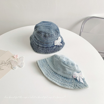 Denim ribarska kapa za djecu s mašnicom, pran vintage izgled, dječja kapa za sunce, ljeto proljeće jesen, korejski casual stil
