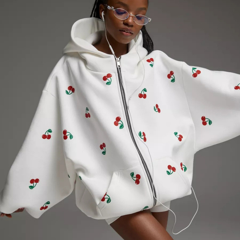 Ženski hoodie s kapuljačom, 3D otisak trešnje, ležeran kroj, sportski stil, 2025