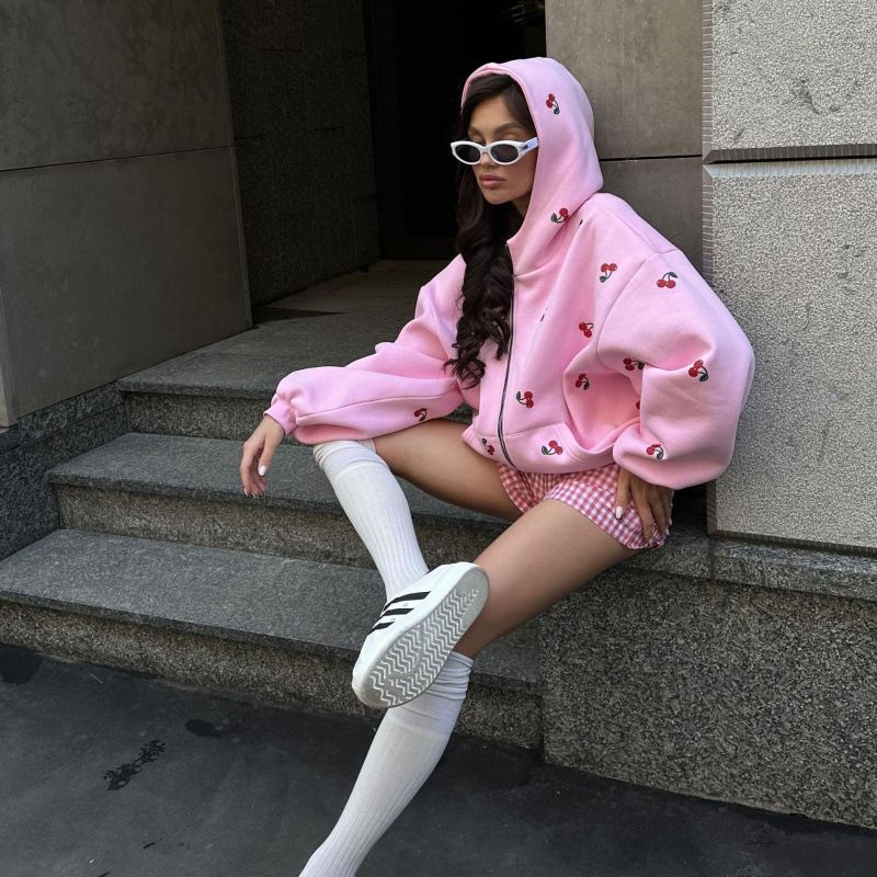 Ženski hoodie s kapuljačom, 3D otisak trešnje, ležeran kroj, sportski stil, 2025