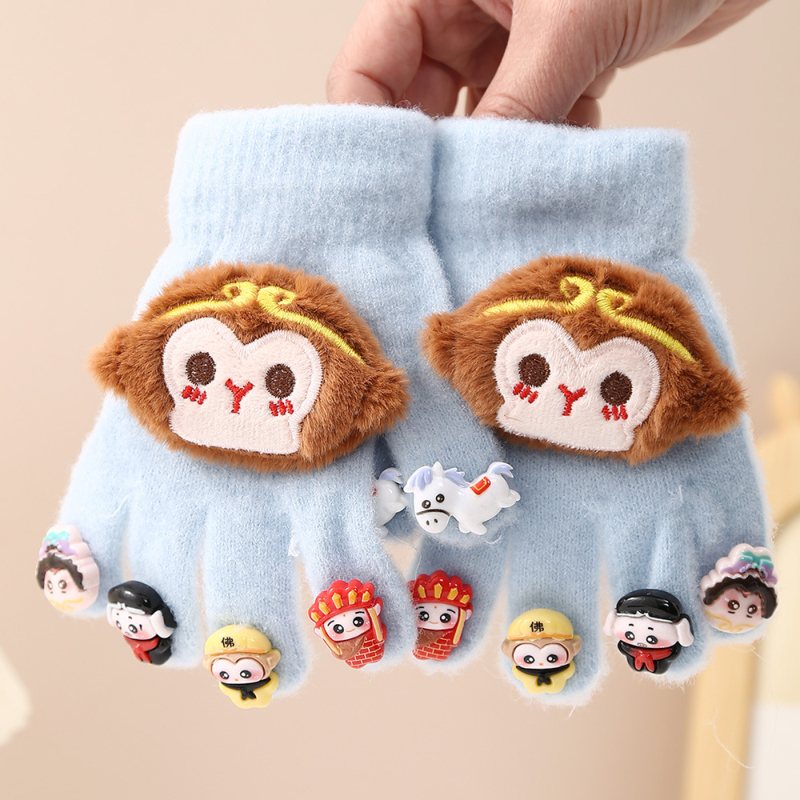 Zimske tople rukavice za dječake i djecu 3–9 godina, podstavljene fleecem, otporne na vjetar, petoprstne, karikaturni motiv Monkey King.
