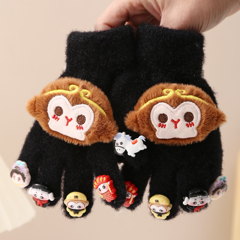 Zimske tople rukavice za dječake i djecu 3–9 godina, podstavljene fleecem, otporne na vjetar, petoprstne, karikaturni motiv Monkey King.