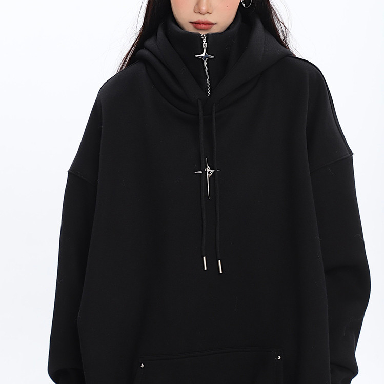 Ženski oversize hoodie s kapuljom i visokim ovratnikom, metalni detalji, mješavina pamuka i poliestera, ležerni kroj, jesen 2023