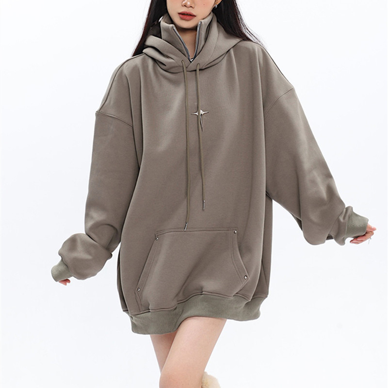Ženski oversize hoodie s kapuljom i visokim ovratnikom, metalni detalji, mješavina pamuka i poliestera, ležerni kroj, jesen 2023