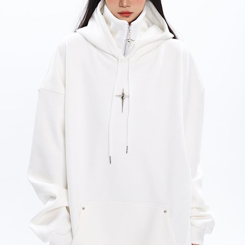 Ženski oversize hoodie s kapuljom i visokim ovratnikom, metalni detalji, mješavina pamuka i poliestera, ležerni kroj, jesen 2023