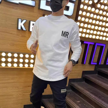 Férfi pamut kerek nyakú pulóver, koreai stílus, laza szabás, hosszú ujjú, geometriai mintázat és 3D patch zsebek, ősz