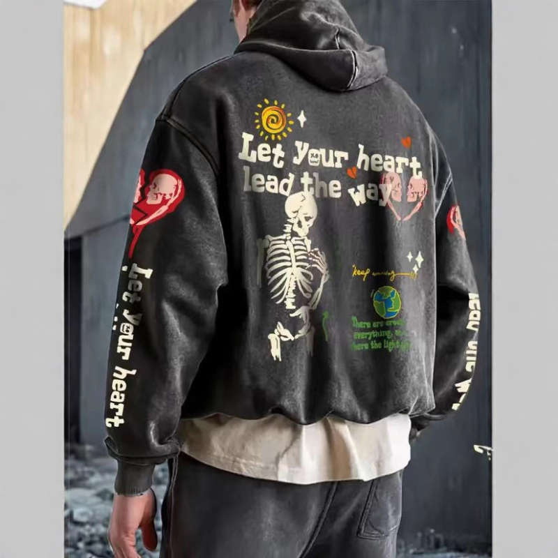 Muški hoodie za Halloween, retro 3D tisak s motivom lubanje i srca, širok kroj
