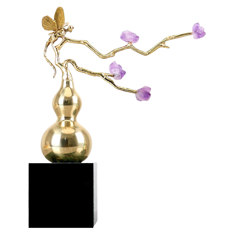 Novi kineski stil: ametistna dekorativna figura s dizajnom gourd dragonfly, marmorna baza za dnevni boravak