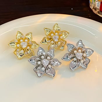Naušnice s cvjetovima od perli i cirkona u metalnom stilu, za žene, elegantan modern dizajn