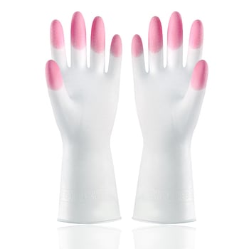 Bijele PVC kuhinjske rukavice, vodootporne i izdržljive, duljine 31 cm, dvobojnog uzorka, prikladne za pranje posuđa i rublje.